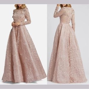 NWT $998 Mac Duggal [ 4 ] Floral Embellished Long Sleeve A-Line Gown Mocha‎ Pink
